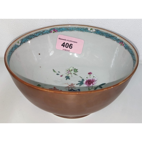 406 - A Chinese 18th/19th century Batavia brown glazed bowl with internal polychrome decoration, dia. 14.5... 