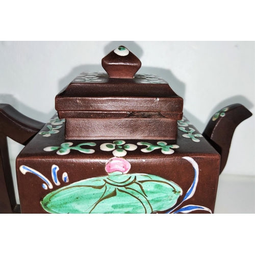 433B - An early 20th century Yixing teapot square form with coloured figures on a cloud seal mark to base