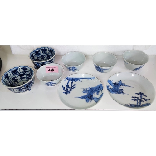 436 - A selection of Chinese tea bowls in blue and white, two saucers (some minor chipping, hairline crack... 