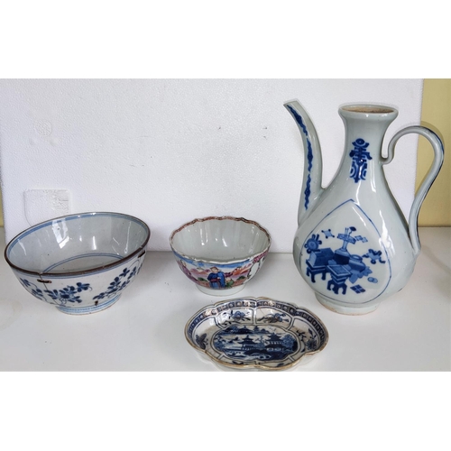 437 - Two Chinese ceramic bowls one blue and white (stippled) one coloured, a jug with spout and another i... 