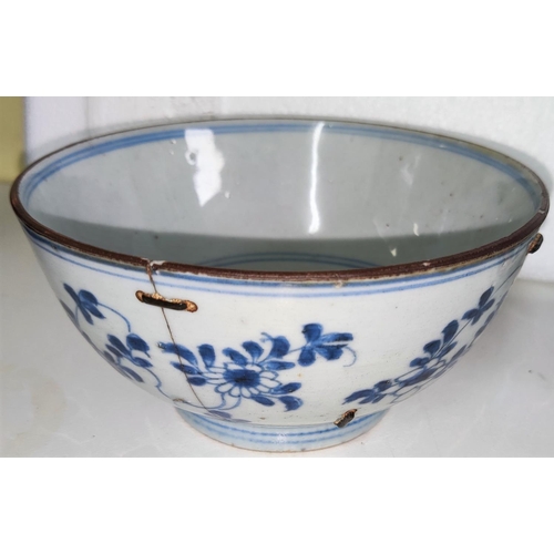 437 - Two Chinese ceramic bowls one blue and white (stippled) one coloured, a jug with spout and another i... 