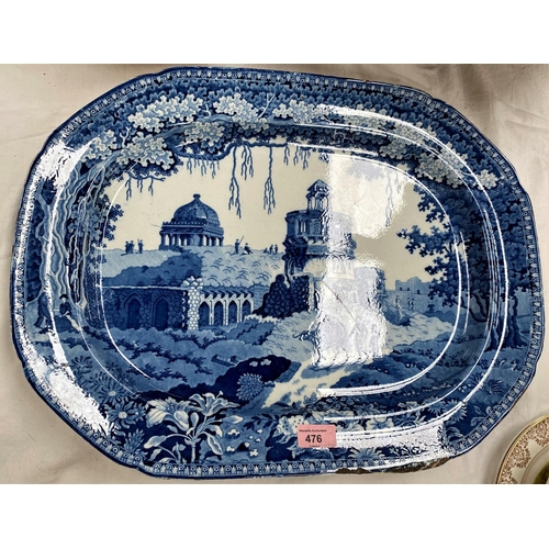 476 - A large 19th century English blue and white meat platter, Delhi pattern, 54cm