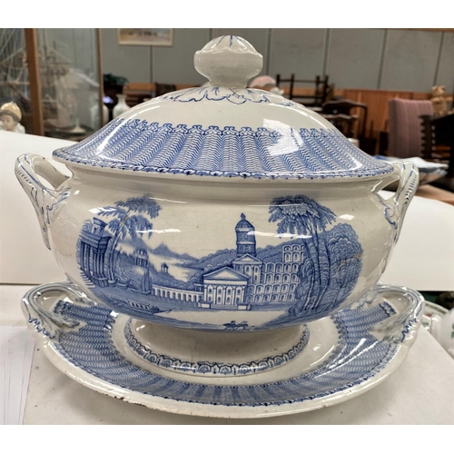 492 - A Corbridge Pottery large Pandora soup tureen in blue & white, with lid and stand