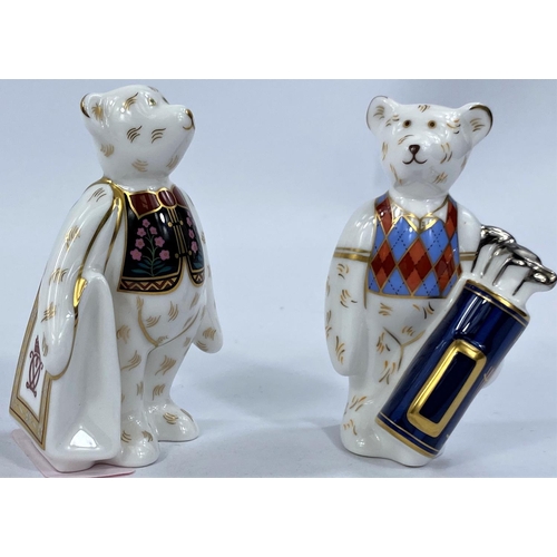 499 - Two teddy bear paperweights by Royal Crown Derby:  Shopping Bear & Golfing Bear