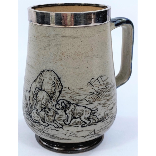 500 - Hannah Barlow for Doulton and Lambeth stoneware tankard decorated with family of dogs and puppies pl... 