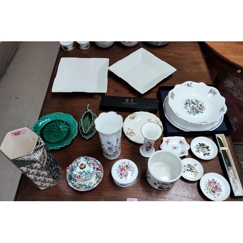 547 - A selection of decorative china including Mason's Applique vase, two modern square Belleek dishes, W... 