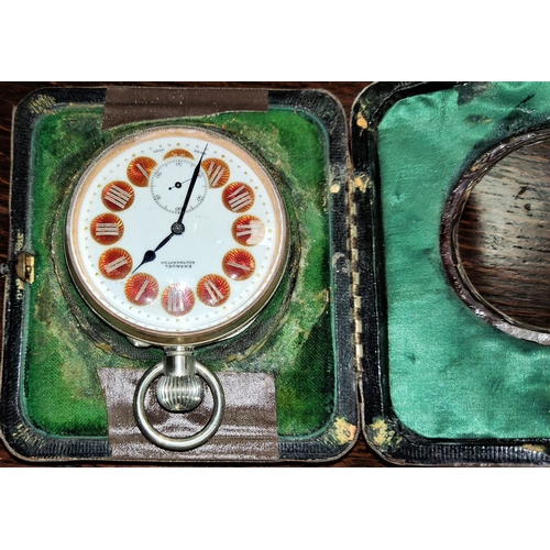 599 - A chrome open faced pocket watch by Emanuel, Southampton, with white enamel dial, orange numerals an... 