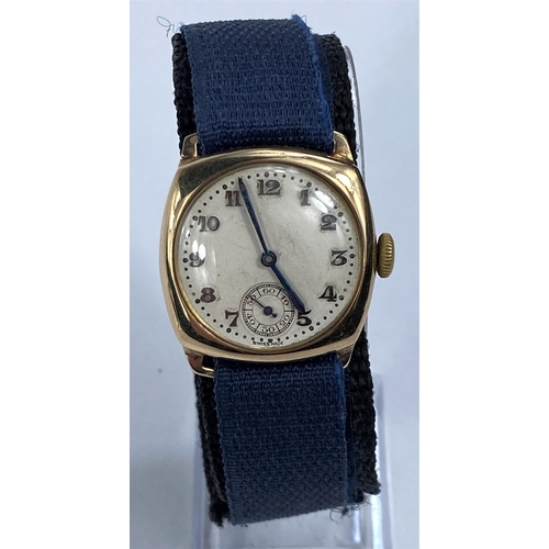 617 - A 1920's gents 9ct gold watch on modern strap (case: 5gm net)