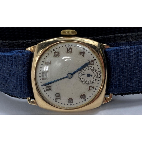 617 - A 1920's gents 9ct gold watch on modern strap (case: 5gm net)