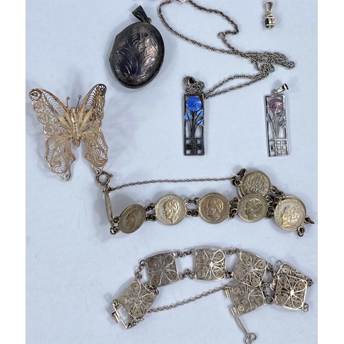 637 - Two white metal Rennie Mackintosh style pendants, stamped 925; other white metal jewellery