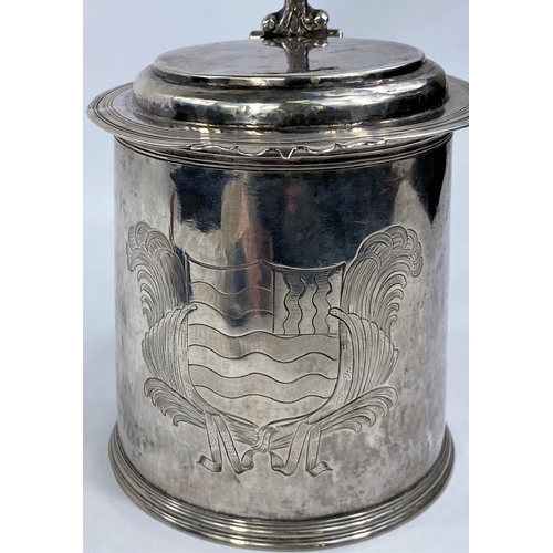 701 - A CHARLES II silver quart flat top tankard with ornate scrollwork thumb piece, slightly tapering cyl... 