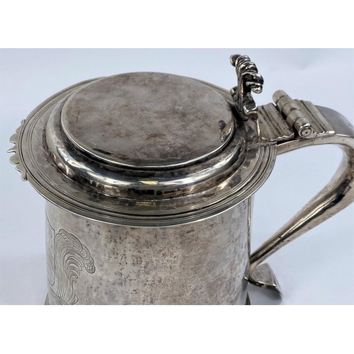 701 - A CHARLES II silver quart flat top tankard with ornate scrollwork thumb piece, slightly tapering cyl... 
