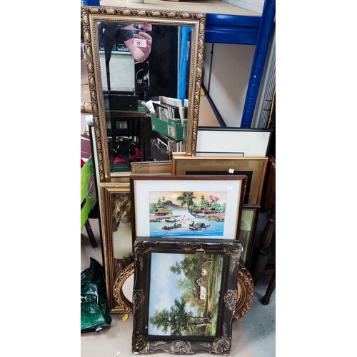 50 - A full length gilt framed wall mirror; 2 other mirrors; 2 modern oil paintings; prints; etc.