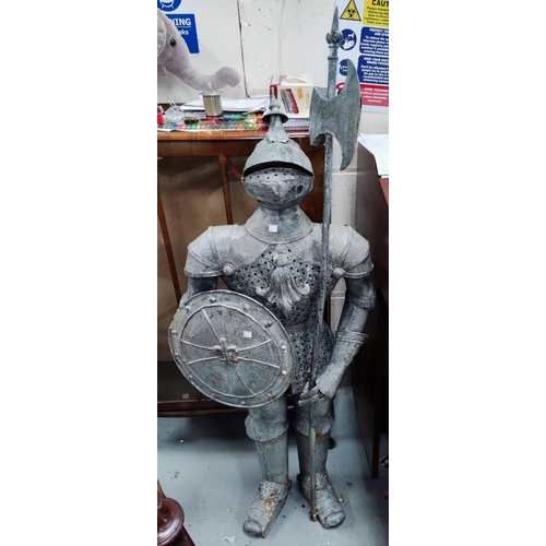 53 - A galvanised metal knight in armour, height 140 cm