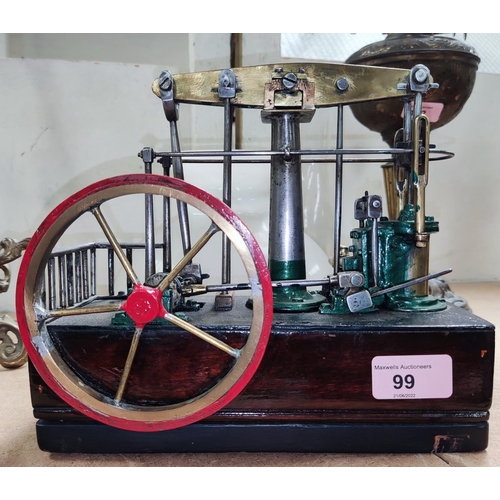 99 - A scratch built model of beam engine in steel and brass with polished wood plinth, 22 x 23cm