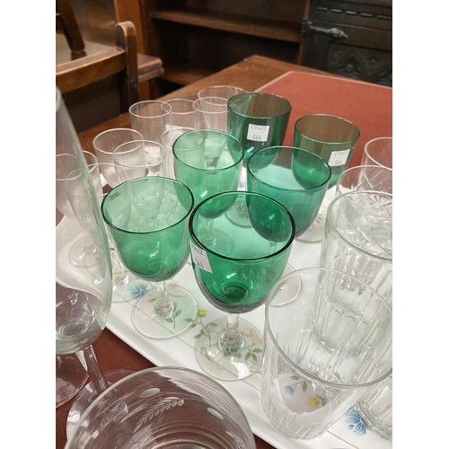 544A - An unusual green glass vase with double handles and tapering shape; two etched decanters and another... 