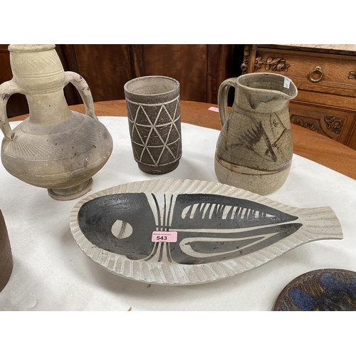 543 - A Scandinavian Studio pottery fish dish and a selection of similar Studio pottery vases and jug etc