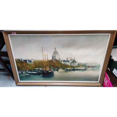 727 - BRITISH 20th century, oil on canvas, the River Thames with St Pauls Cathedral, indistinctly signed a... 