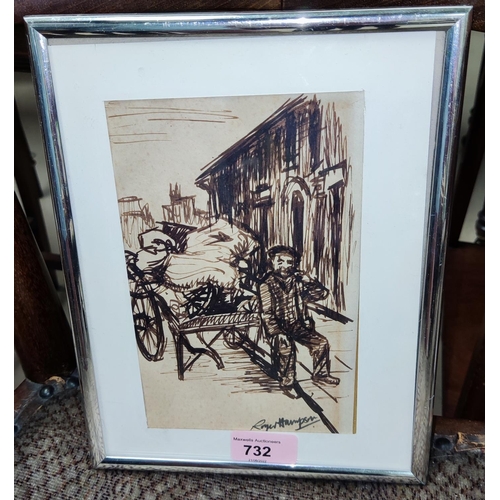 732 - ROGER HAMPSON, pen sketch, Rag and Bone cart, signed, 19 x 12cm, framed