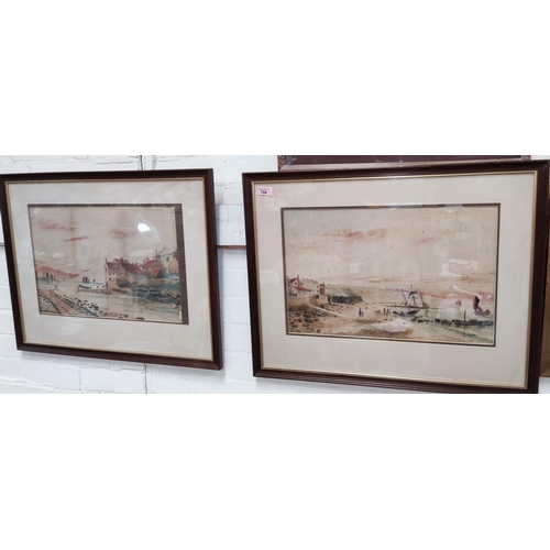744 - John Speedy, British 19th Century:  Robin Hoods Bay with boats in the sea, 2 watercolours, 32 x... 