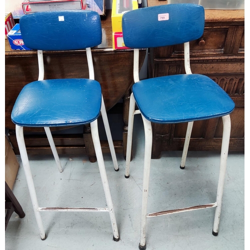 799 - Two vintage blue vinyl seat and backed metal high stools and three similar vintage chrome and lamina... 