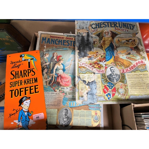 46 - A mid 20th century Sharps Toffee enamel advertising sign and 2 Manchester Unity signs (a.f).  37 x 1... 