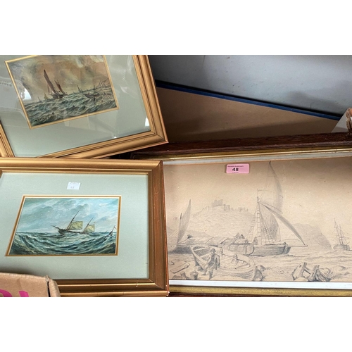 48 - Joseph Gray:  Fishing smacks in choppy seas, pair of watercolours, signed, 11 x 15 cm, framed a... 