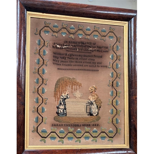 60 - A needlework sampler by Sarah Emerson 1859, 47 x 39 cm, in rosewood frame; another 