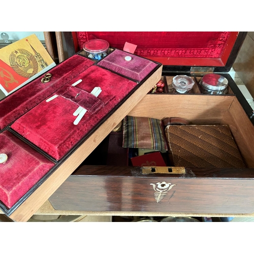 68 - A Victorian rosewood box fitted cut glass jars, concealed lower drawer, containing collectables, cos... 