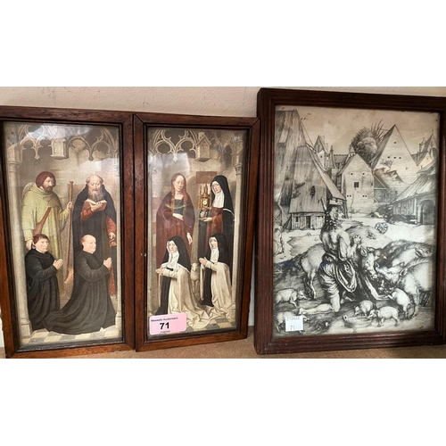 71 - A religious colour print in triptych altarpiece frame, 24 x 49cm open; a framed print after Durer