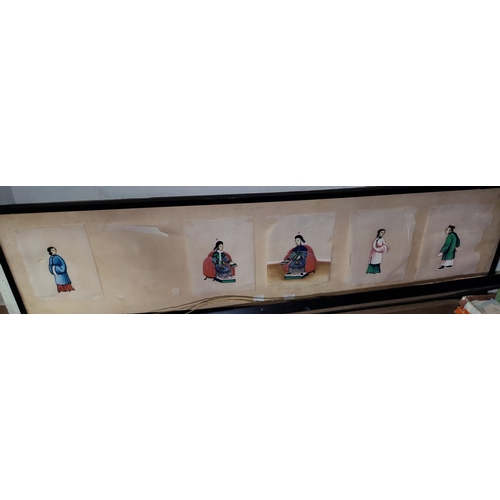 98 - A selection of eleven Chinese figure paintings on mulberry leaf, framed (a/f) 20 x 80cm