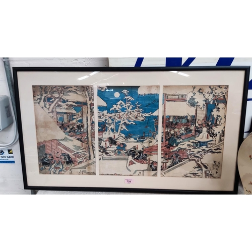 739 - A Japanese woodblock triptych after Utagawa Sadahide:  Samurai attacking, 35 x 22 cm, framed an... 