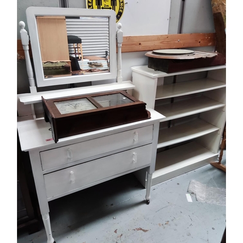 914 - A white painted two drawer dressing chest with mirror back and a white painted bookcaseUNFORTUNATELY... 