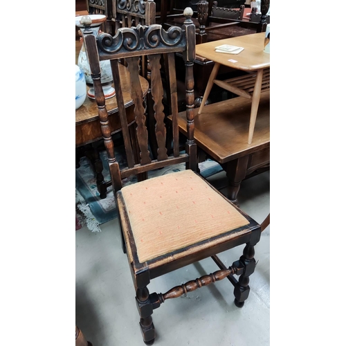 967 - A set of 6 1930's Carolean style oak dining chairs with seats in gold/rust fabric