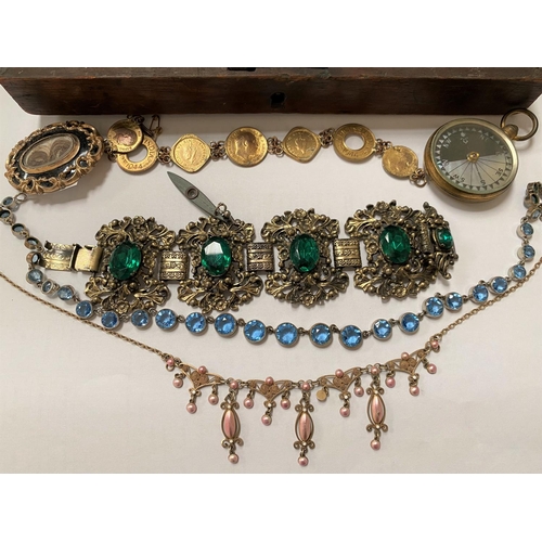 664 - A 19th century classical style carved lavastone bracelet, a pocket compass and other items of jewell... 