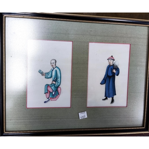 470B - 19th century Chinese School watercolour of figures on rice paper, two framed together, labelled en v... 