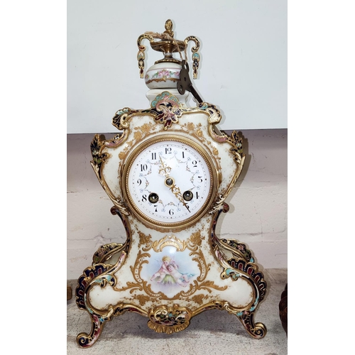 74 - A FRENCH porcelain cased rococo style mantel clock with applied ormolu and champleve enamel mounts, ... 