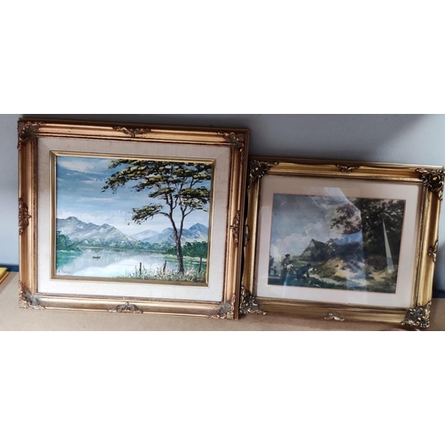 742A - A. Barlow: an oil on board of a traditional scene of Derwent water, gilt framed and a printWe have b... 