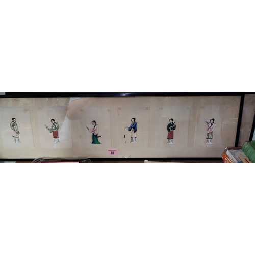 98 - A selection of eleven Chinese figure paintings on mulberry leaf, framed (a/f) 20 x 80cm