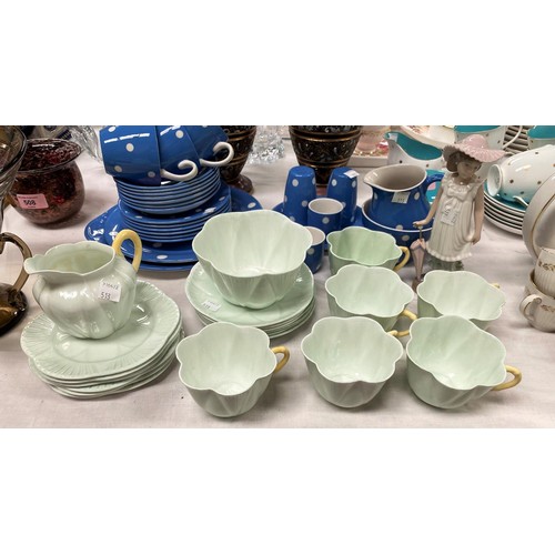 513 - T.G.Green & Co Blue Domio tea service cups, saucers etc, 24 pieces approx and a Shelley green pa... 