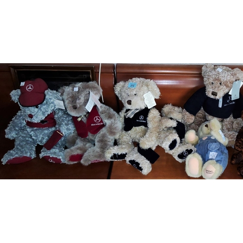 272 - Five Mercedes-Benz teddy bears; a Dean's Rag Book bear; a large Sooty; etc.