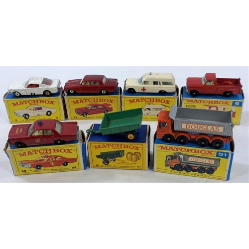 316 - 7 Matchbox originally boxed vintage diecast vehicles 3, 6, 8, 24, 51 (2) and 59 (some flaps a.f)