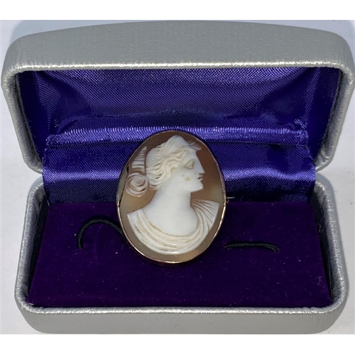 710 - Two brooches with shell carved cameo portraits in gilt metal mounts; a quantity of costume jewellery