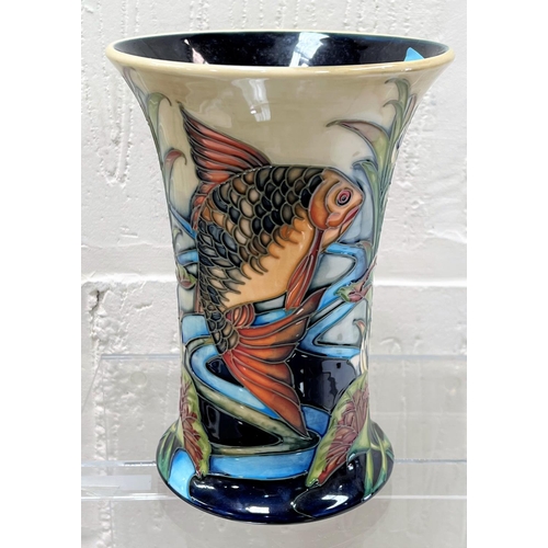 421 - A modern Moorcroft vase of waisted cylindrical form, decorated with a golden carp in reeds and water... 