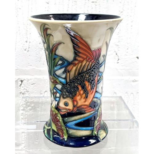 421 - A modern Moorcroft vase of waisted cylindrical form, decorated with a golden carp in reeds and water... 