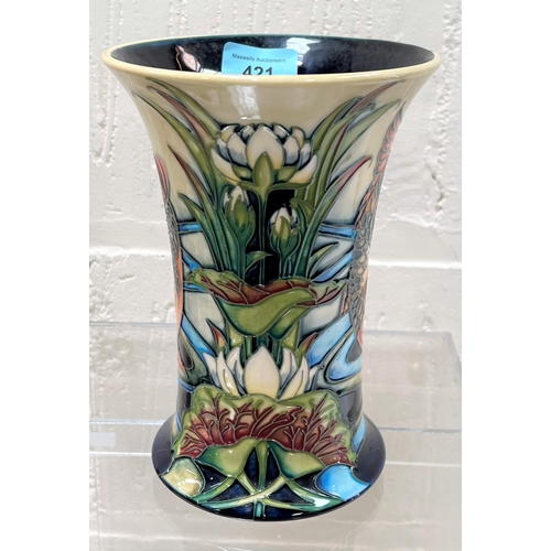 421 - A modern Moorcroft vase of waisted cylindrical form, decorated with a golden carp in reeds and water... 