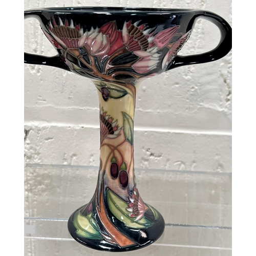 424 - A modern Moorcroft 2-handled covered vase on tall slender pedestal 'Symphony' pattern decorated with... 