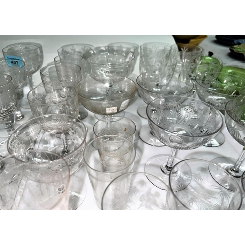 457 - A set of 4 late Victorian/Edwardian glasses, slice cut & etched with hops; other similar part se... 