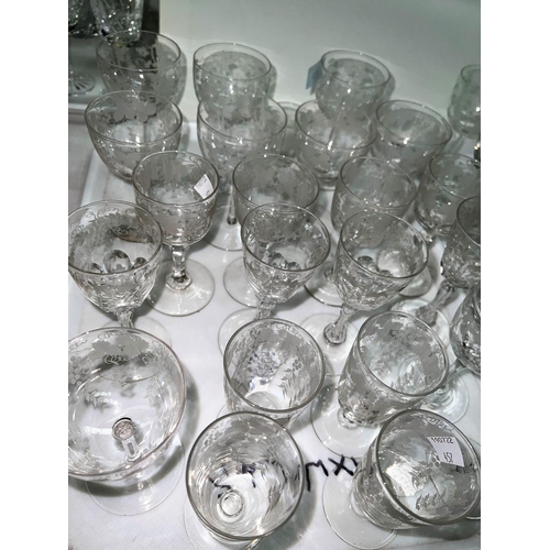 457 - A set of 4 late Victorian/Edwardian glasses, slice cut & etched with hops; other similar part se... 