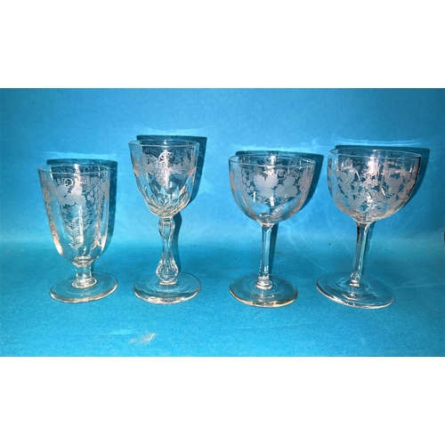 457 - A set of 4 late Victorian/Edwardian glasses, slice cut & etched with hops; other similar part se... 